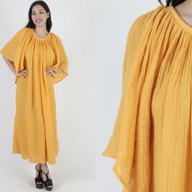 Golden Yellow Angel Sleeve Gauze Dress / Vintage Kimono Angel Arm Coverup / Baggy Womens Lounge Caftan Maxi Dress 