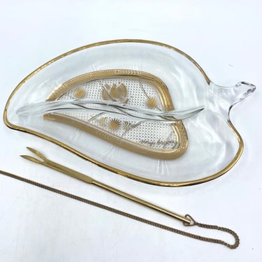Vintage Georges Briard Clear Glass Divided Relish Dish with Gold Bird, Suns, Flowers, Leaf-Shape Gold Trim with Serving Fork, 60s Supperclub 