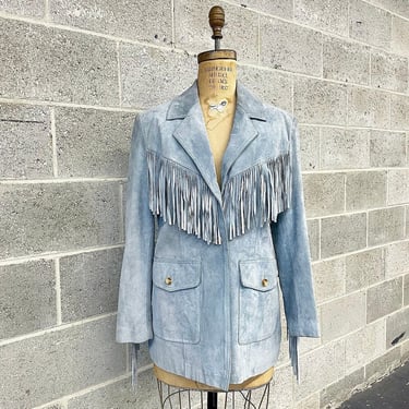 Vintage Fringe Suede Jacket Retro 1980s Together! + Leather + Baby Blue + Size Small + Western Wear + Blazer Jacket + Cold Weather + Apparel 
