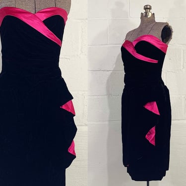 Vintage Black Velvet Dress Sleeveless Pantagis Hot Pink Satin Formal Prom New Year's Eve Party Cocktail Mob Wife Aesthetic 1980s 80s XS 