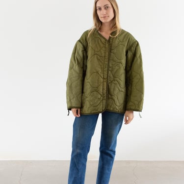 Vintage Green Liner Jacket | Unisex Wavy Quilted Nylon Coat | XL | LI290 