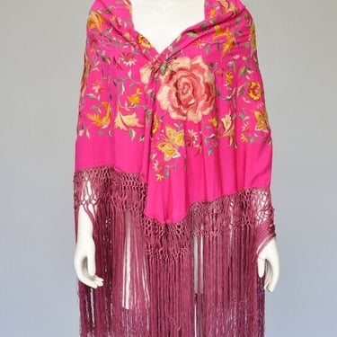 ON SALE 1920s rare shocking pink floral shawl with fringe 