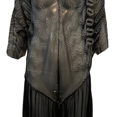 Zandra Rhodes 80s Black Chiffon Dress Trimmed with Pearls and Rhinestones
