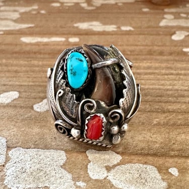MINDS EYE D Clark Navajo Handmade Men's Ring Sterling Silver, Turquoise, Coral, Claw | Native American Jewelry Southwestern | Size 12 1/2 
