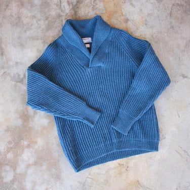70s Slate Blue Shawl Collar Scottish Wool Sweater Size L / XL 
