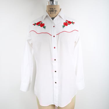 Vintage White Western Blouse with Embroidered Red Roses Cowgirl Soutwest Country Stagecoach Festival 