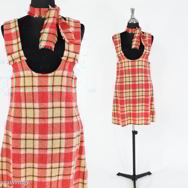Reserved for Claire...1960s Plaid Wool Mini Dress l 60s Orange Plaid Jumper l Medium 