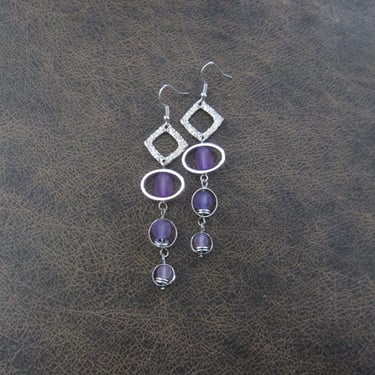 Long sea glass earrings, bohemian earrings, beach earrings, bold earrings, boho earrings, purple earrings, geometric earrings, artisan 