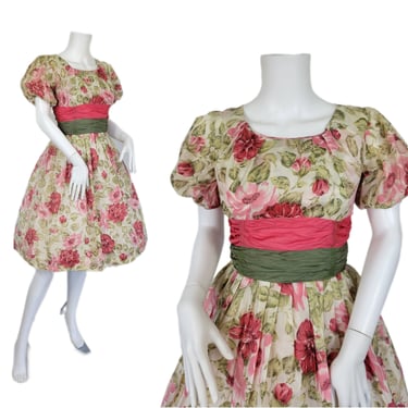 1950's Cream Pink Floral Rose Print Fit & Flare Dress I Sz Med I Nylon 