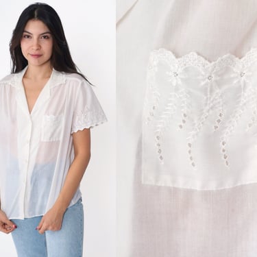 Eyelet Embroidered Blouse 80s Sheer White Top Prairie Shirt Puff Sleeve Blouse Cut Out Shirt Button Up Vintage Bohemian 1980s Medium Large 