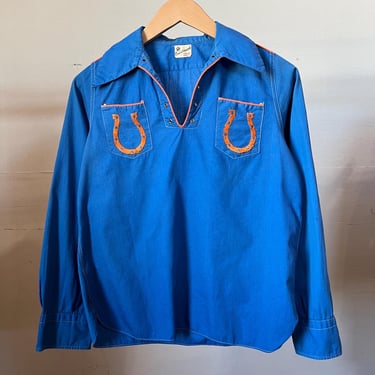 Small, Vintage 1950s Pullover Lace Front Horse Shoe Western Shirt, Junior, Blue, N 