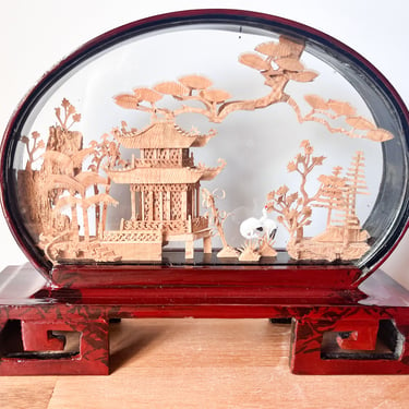 Vintage Cork Carved Chinese Diorama. Asian Lacquer and Cork Landscape Sculpture Design Display. 