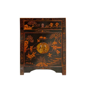 Chinese Distressed Black Copper Scenery Graphic End Table Nightstand cs7418E 