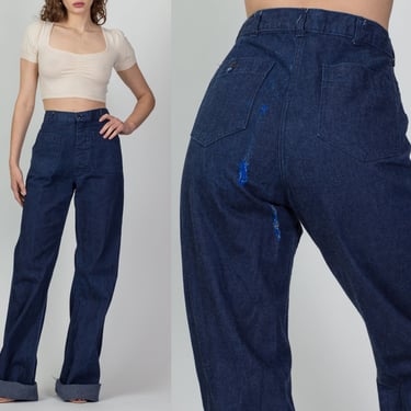 70s Flared Denim Unisex Sailor Pants - 31" Waist | Vintage High Waisted Long Inseam Navy Dark Wash Blue Jeans 