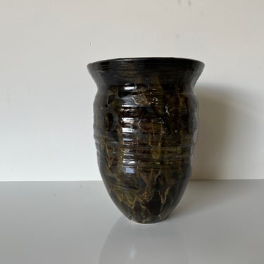 1990's Sharon Battat Black and Brown Drip Glaze Art Pottery Vase 