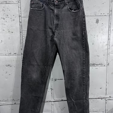 90s, Size 38 waist black denim red tab Levi’s 550 black denim pants made in USA levis relaxed fit tapered leg unisex 