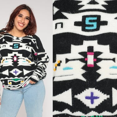Southwestern Sweater 90s Black White Knit Pullover Sweater Retro Geometric Aztec Print Slouchy Bohemian Jumper Vintage 1990s Extra Large xl 
