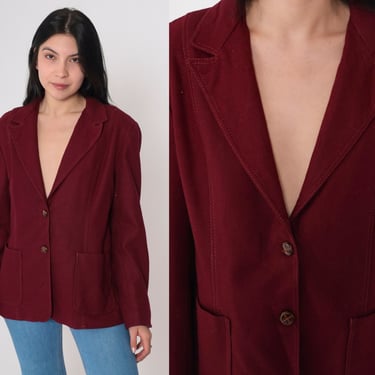 Burgundy Wool Blazer Jacket 70s Suit Jacket Oxblood Dark Red Retro Work Plain Solid Professional Preppy Seventies Vintage 1970s Medium 36 