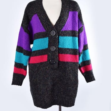 1980's Color Block Chunky Oversized Sweater Tunic or Dress Vintage Bright Multi Color Purple Charcoal Black Jacket Duster 