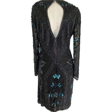 80s heavily embellished glass bead gown, sequin black dress, blue turqouise beaded gown, keyhole back cocktail dress medium m 10 / 12 