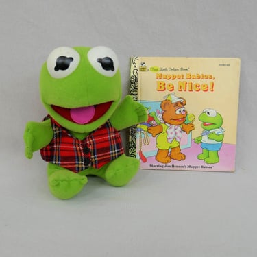 1987 Baby Kermit the Frog Plush w/ First Little Golden Book, Muppet Babies, Be Nice! - Stuffed Animal - Jim Henson - Vintage 1980s 