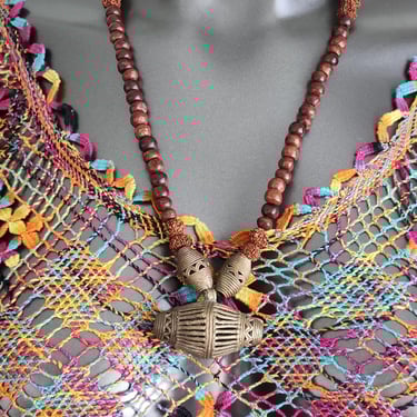 Vintage India Beaded Necklace~Cast Brass Pendant Wood & Seeds~Gifts for Her 