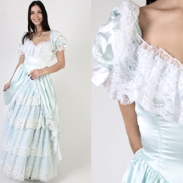 70s Zum Zum Victorian Style Prom Dress, Vintage Shiny Western Saloon Outfit, Full Sweeping Skirt Antebellum Wedding Gown 