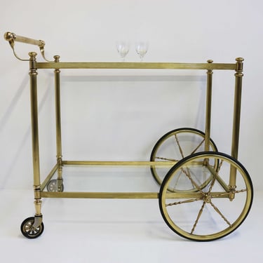 Mid-Century Bar Cart Brass Serving Trolley Cocktail Entertainment Beverages Tea Cart Clear Glass Hollywood Regency 1960s 