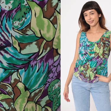 90s Botanical Tank Top Green Abstract Leaf Shirt Tropical Sleeveless Blouse 1990s Vintage Green Blue Purple Rayon All Over Print AOP Small 