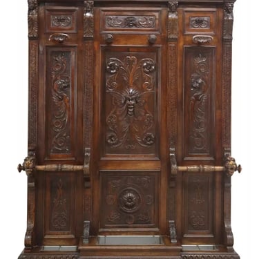 Antique Hall Tree, Italian Renaissance Revival, Carved, Walnut, Foliate, 1800s!