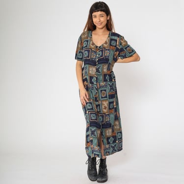 90s Patchwork Floral Dress Vintage Retro Blue Maxi Scoop Neck Button Up Front Slit Short Sleeve Grunge Hippie Summer 1990s Rayon Large 14 