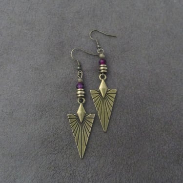 Mid century modern earrings, minimalist earrings, simple unique artisan earrings, purple gypsy earrings, antique bronze earrings, crystal 