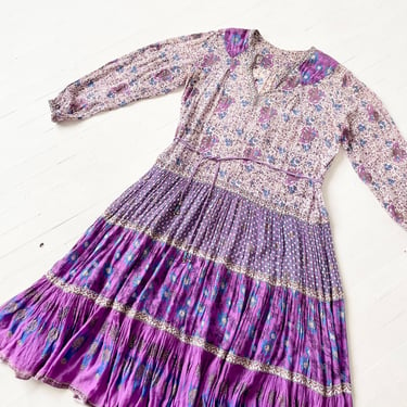 1970s Purple Block Print Gauze Dress 