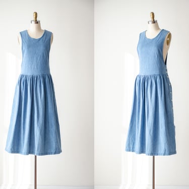 denim pinafore dress | 80s 90s vintage Eddie Bauer blue jean dark academia cottagecore oversized midi dress 