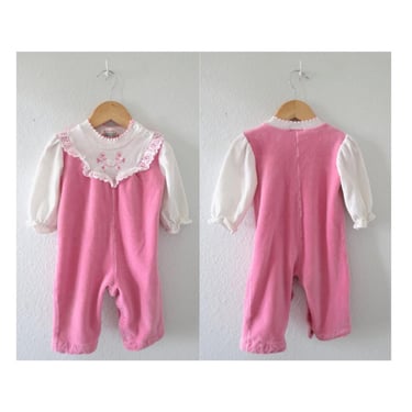 Vintage Girls Romper - Pink Velour & White Lace Baby Girl Outfit - 1980s 80s Soft Warm Jumpsuit by Health Tex - Size 18 Months 