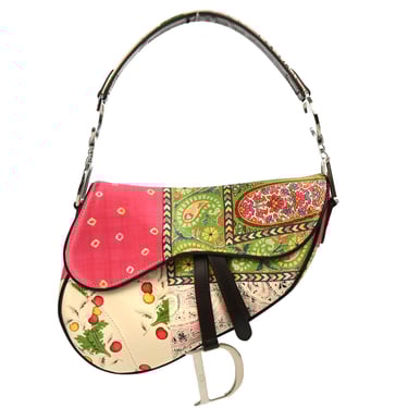 Christian Dior White Pink Green Satin Saddle Handbag