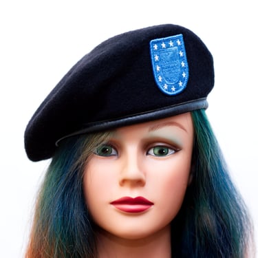 Vintage Black Wool Beret with Blue Flash Patch 