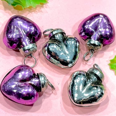 VINTAGE: 5pcs - Small Mercury Glass Heart Ornaments - Heart Pendants - Kugel Style Christmas Ornaments 