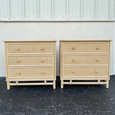 Set of 2 Vintage Rattan Nightstands with 3 Drawers - Hollywood Regency Bedside Tables Boho Chic Coastal Furniture Pair 