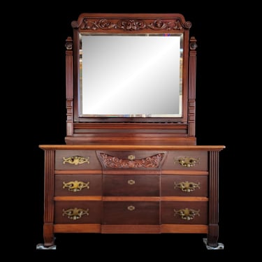 Antique Substantial American Victorian Dresser & Beveled Mirror 