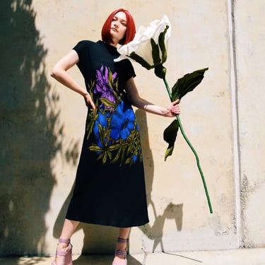 GRAPHIC FLORAL Vintage 90s Rayon Maxi Dress SZ S to Medium 