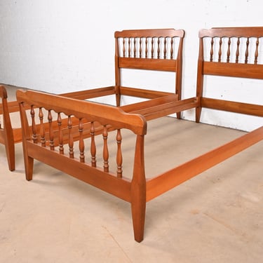 Kindel Furniture American Colonial Carved Cherry Wood Twin Size Spindle Beds, Pair