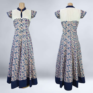VINTAGE 70s 80s Indian Cotton Traditional Kurta Dress S/M | 1970s 1980s Gauze Floral Gored BOHO Dress | VFG 