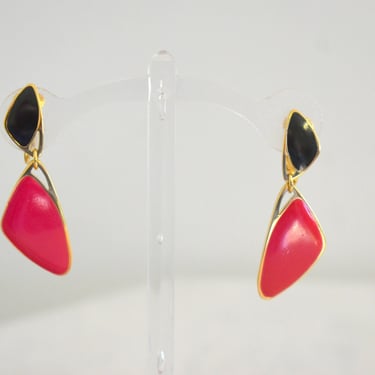 1980s Pink and Black Geometric Clip Earrings 
