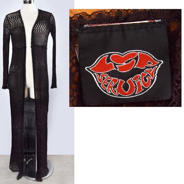 80's LIP SERVICE Vintage Black Crochet Lace Long Duster Jacket Dress 1980s Goth Fetish Punk 