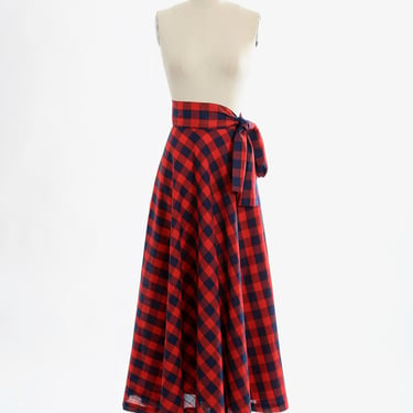 60s Anne Klein maxi skirt | Vintage 1960s red + blue plaid bow skirt 