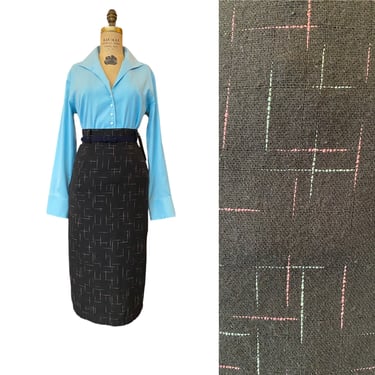 1980s pencil skirt, wool blend, retro print, vintage 80s skirt, high waist, 80s does 50s, 1950s style skirt, black, pink and aqua, pin up 