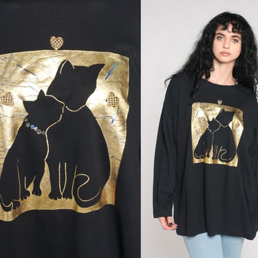 Metallic Cat Shirt Gold Mama Baby Kitten Tshirt Heart Applique Animal Top 90s Graphic Long sleeve 1990s Vintage Tee Black Extra Large xl 