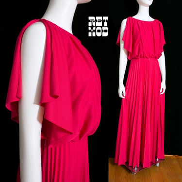 Lovely Vintage 70s Red Draped Pleated Maxi Dress with Open Shoulders 