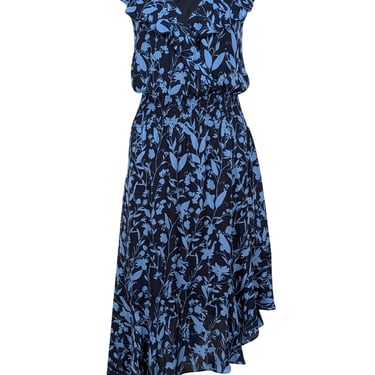 Parker - Navy & Blue Floral Print Silk Asymmetrical Midi Dress Sz M